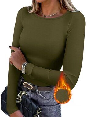 Women's Army Green Crew Neck Long Sleeve Light Fleece Casual Basic Tops T Shirts